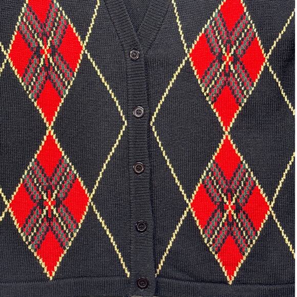 Alfred Dunner 90s Retro Wool Blend Black Red Argyle Academia Cardigan Sweater L - Picture 4 of 7